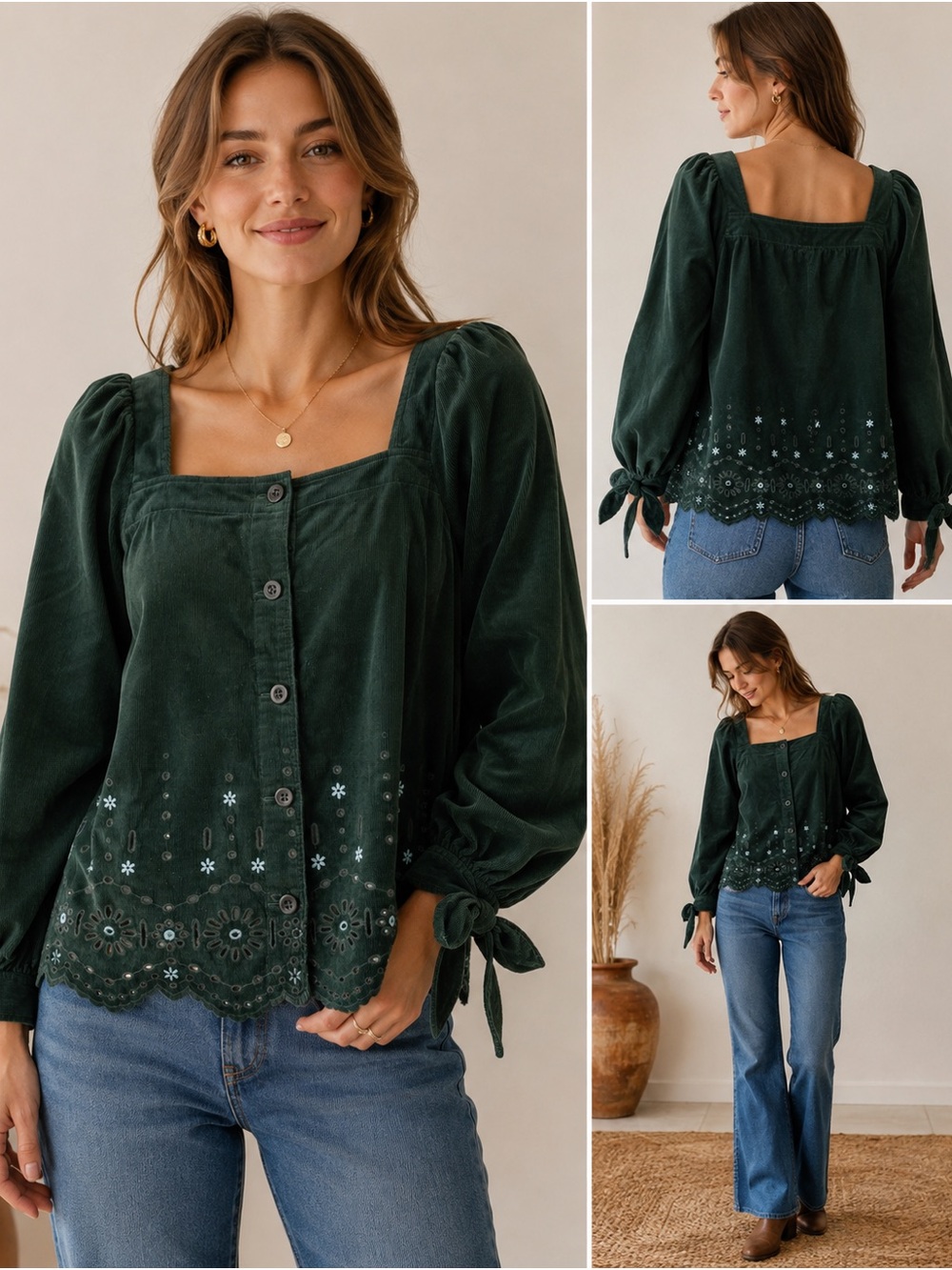 Madewell Embroidered Eyelet Corduroy Tie Sleeve Top Dark Palm XS Boho Prairie